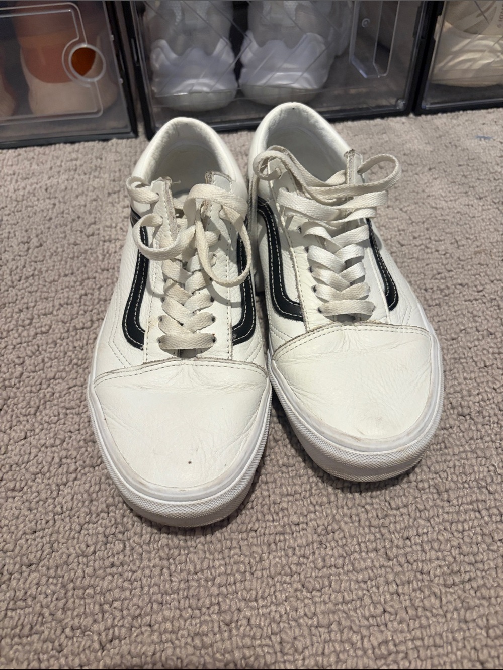 Vans White Leather Low-Top Sneakers with Black Stripe
